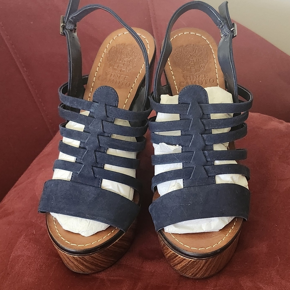 New-Vince Camuto Onia Blue Suede Platform Sling Back Heel Wedge Sandals Size8.5M - Picture 3 of 11